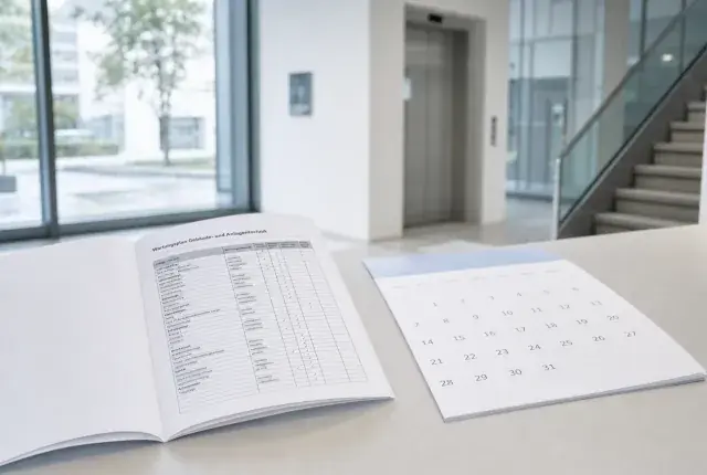 Aufgeschlagener Wartungsplan mit Leistungstabelle und ein Kalenderblatt auf einem hellen Tisch, dahinter eine Bürolobby mit Aufzug und Treppenhaus