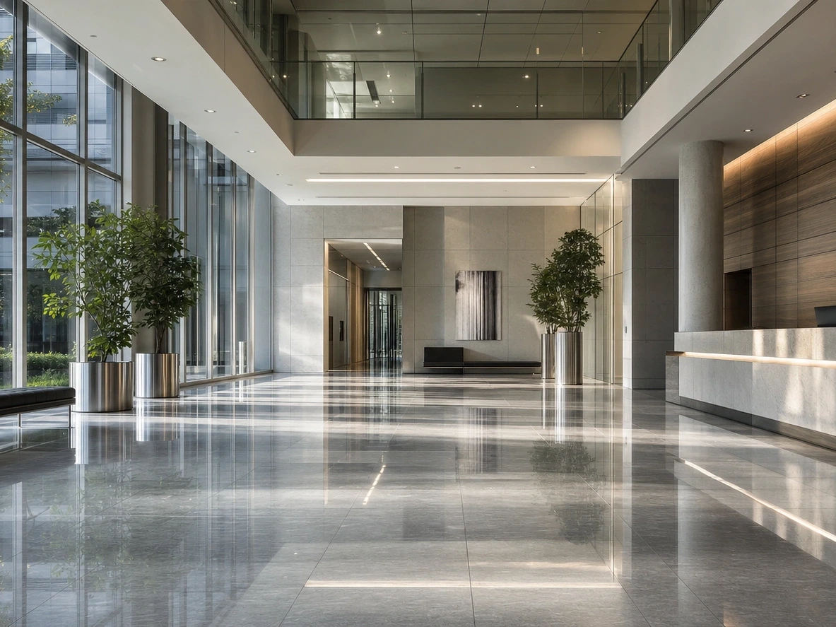 Frisch gereinigte Bürolobby in Braunschweig im Morgenlicht mit spiegelndem Steinboden