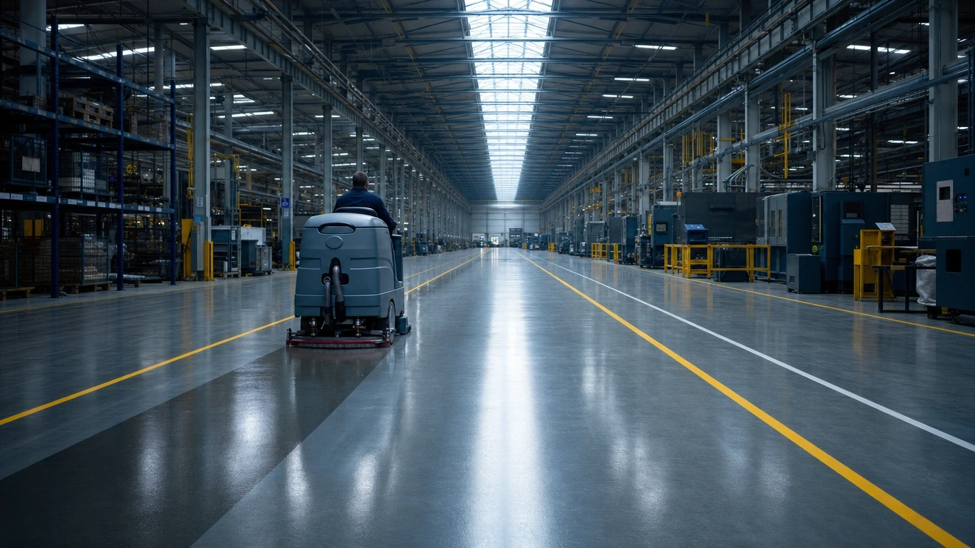 Industriereinigung einer Produktionshalle in der Region Braunschweig mit Scheuersaugmaschine