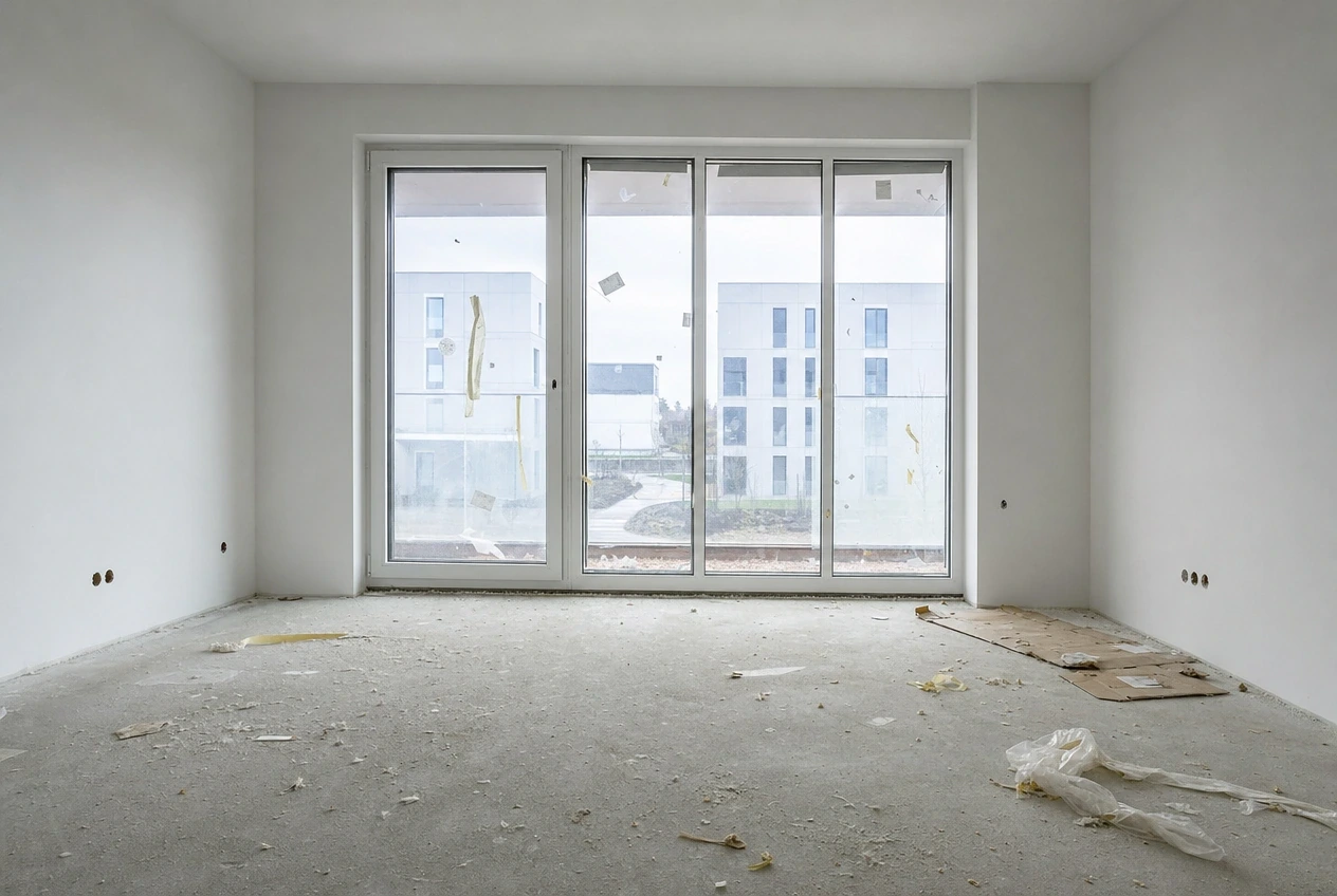 Neubau mit Bauschutt und Staub vor der Bauendreinigung in Braunschweig