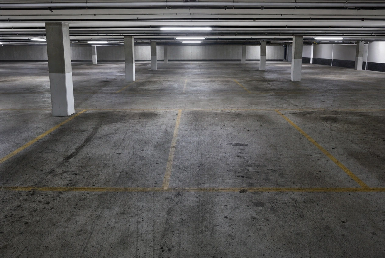 Verschmutzter Tiefgaragenboden mit Reifenabrieb vor der Grundreinigung in Braunschweig
