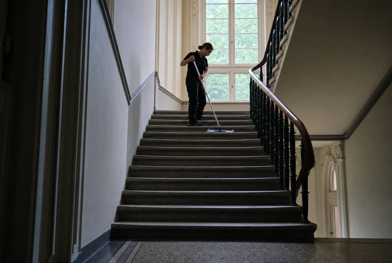Reinigungskraft wischt ein Treppenhaus in einem Braunschweiger Mehrfamilienhaus