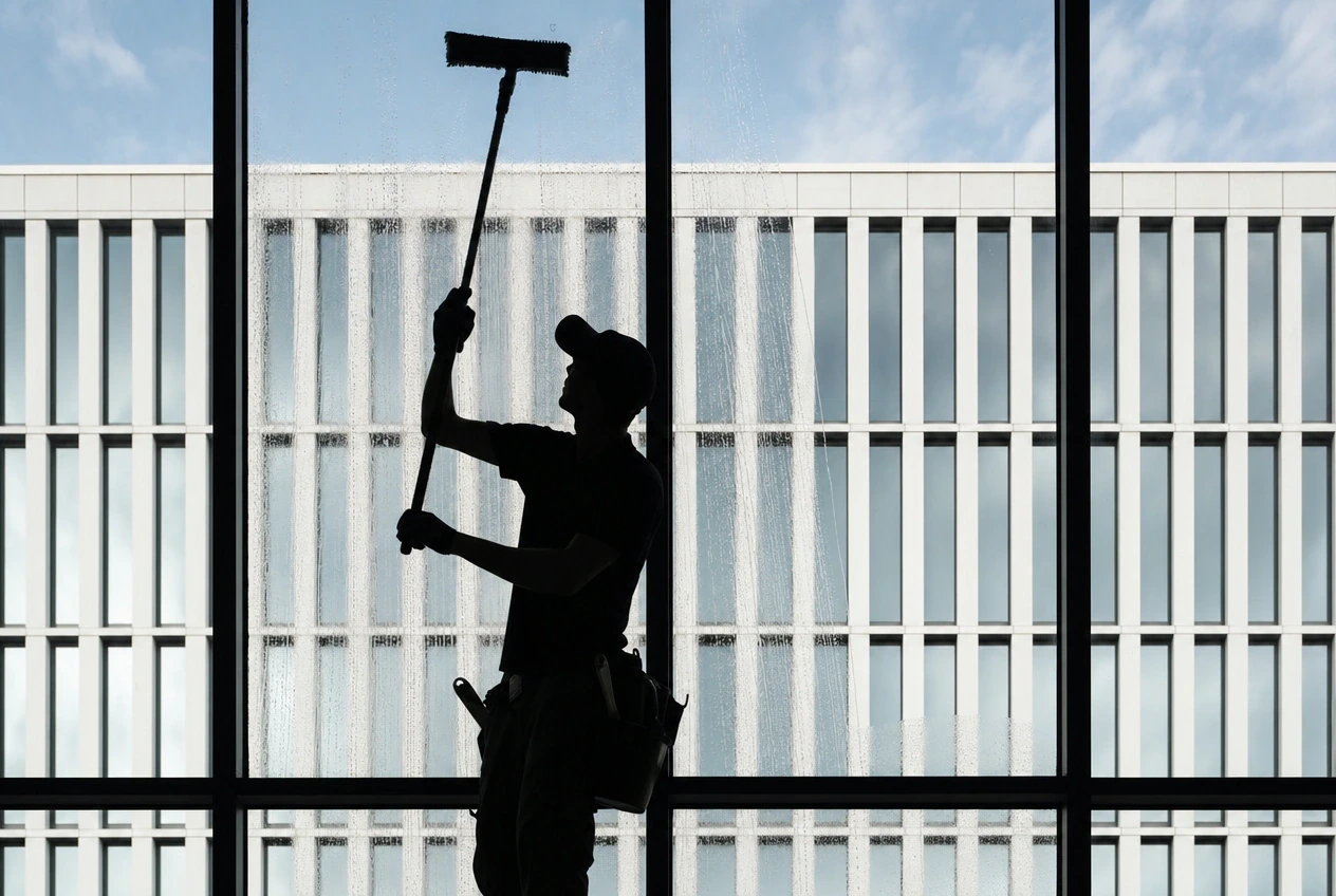 Glasreiniger arbeitet an der Glasfront eines Bürogebäudes in Braunschweig