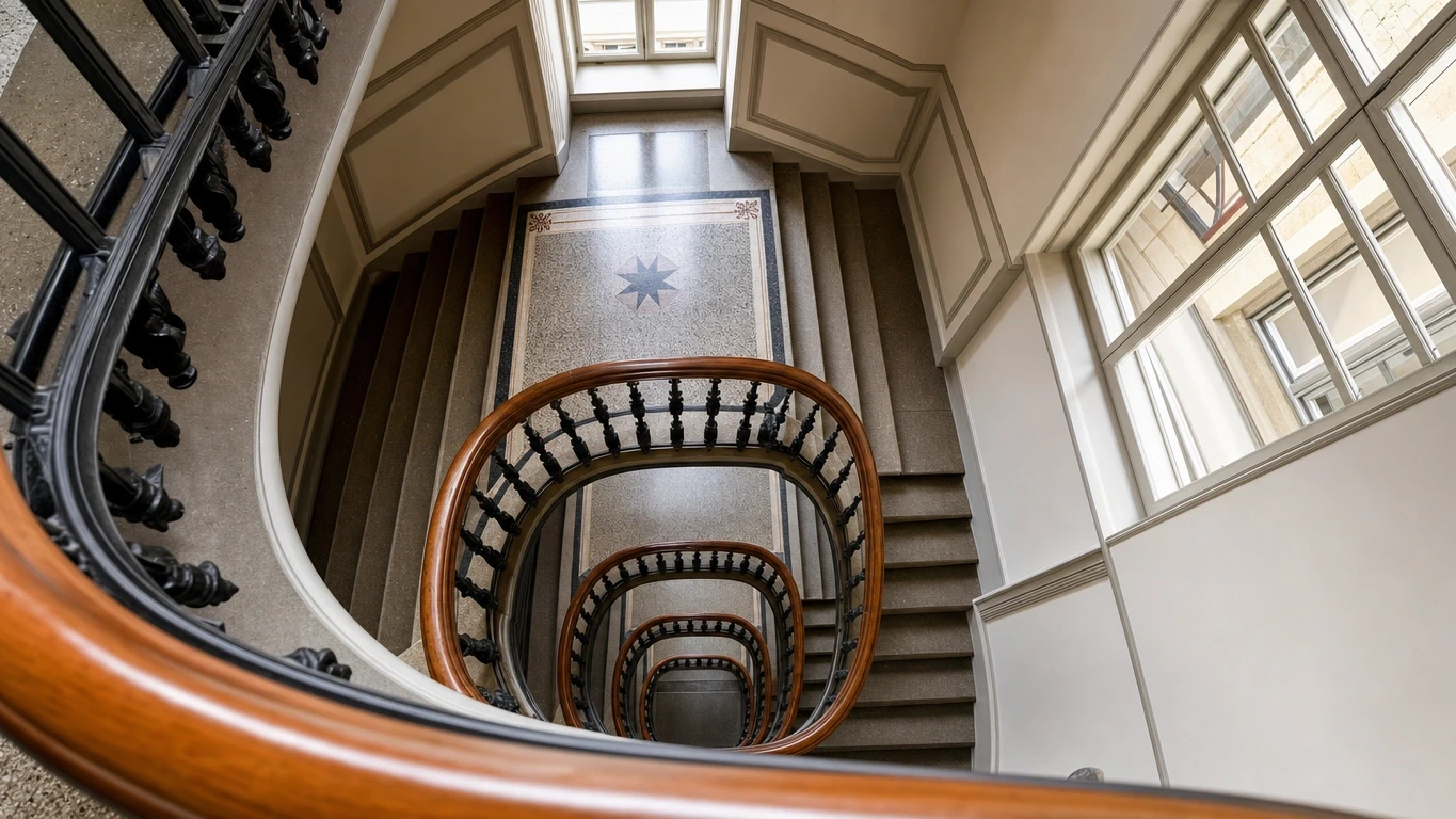 Gereinigtes Altbau-Treppenhaus in Braunschweig mit Holzhandlauf und Terrazzoboden