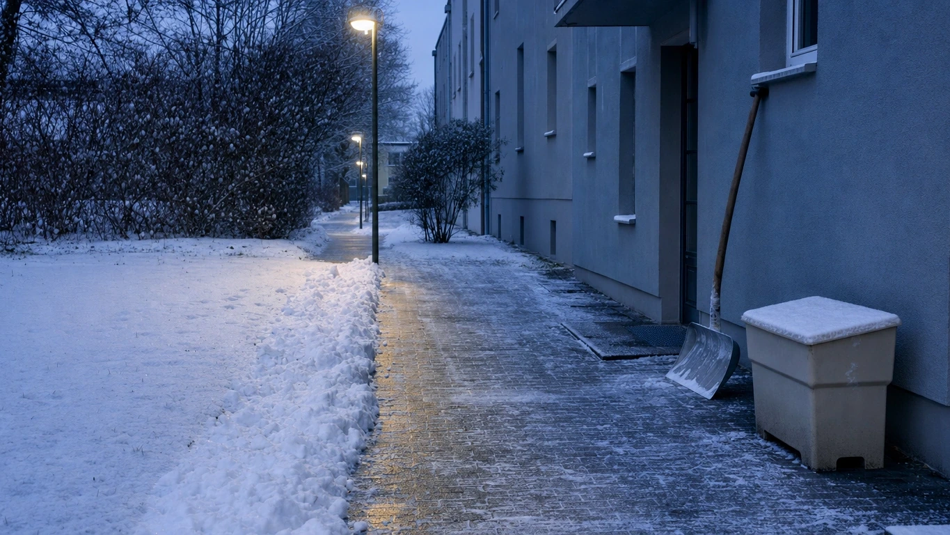 Winterdienst räumt frühmorgens einen Gehweg vor einem Wohnobjekt in Braunschweig